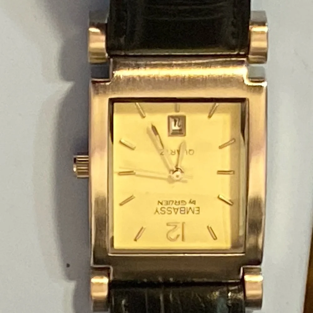 Embassy by Gruen Quartz Gold Tone Rectangular Watch Black Leather Band